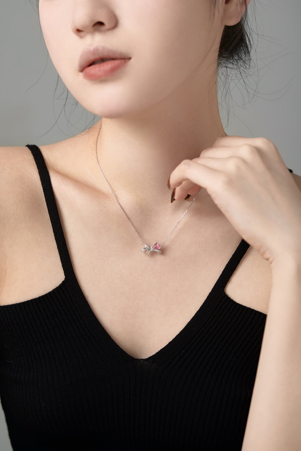 Pink Silver Bow Necklace 3007