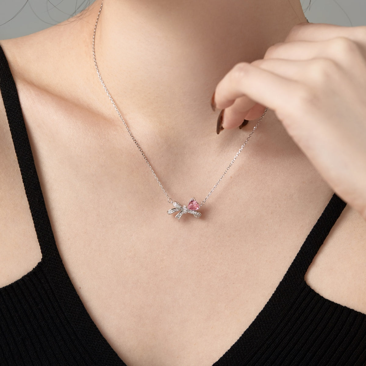 Pink Silver Bow Necklace 3007