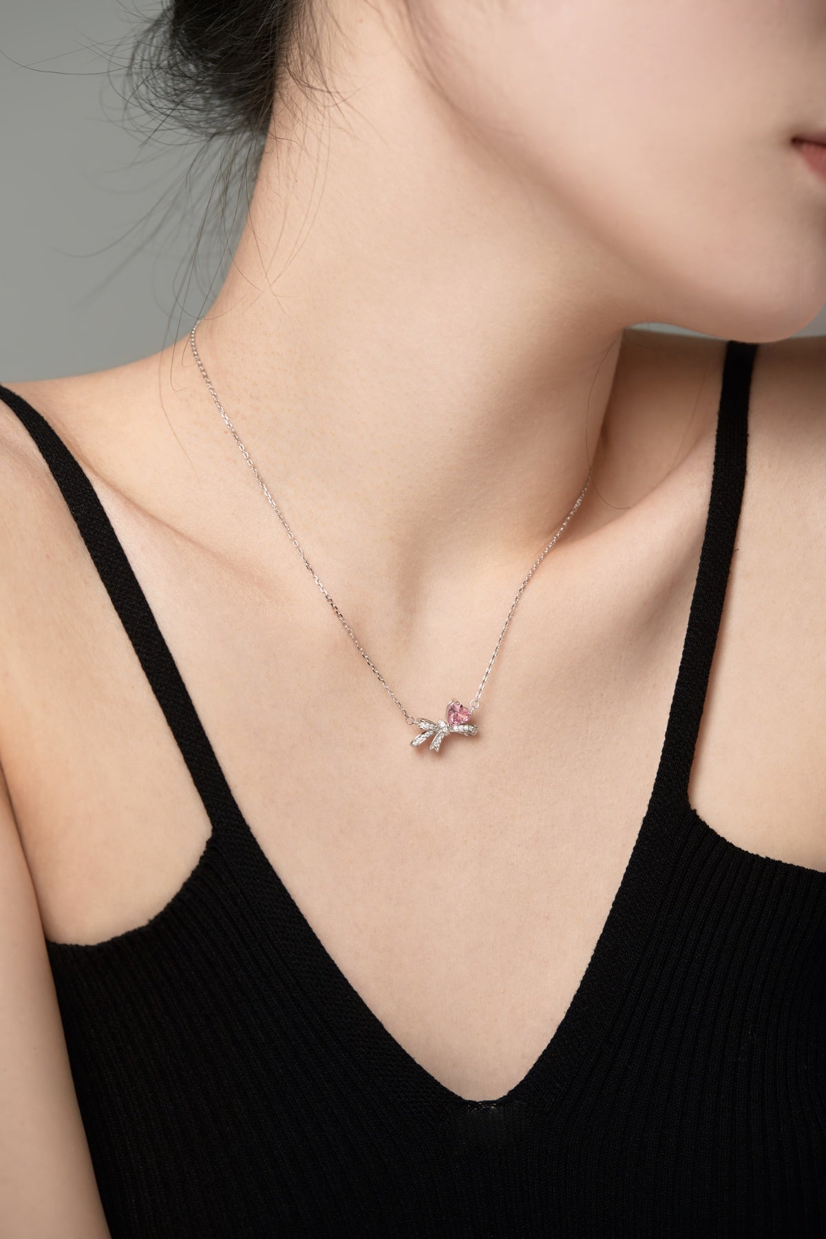 Pink Silver Bow Necklace 3007