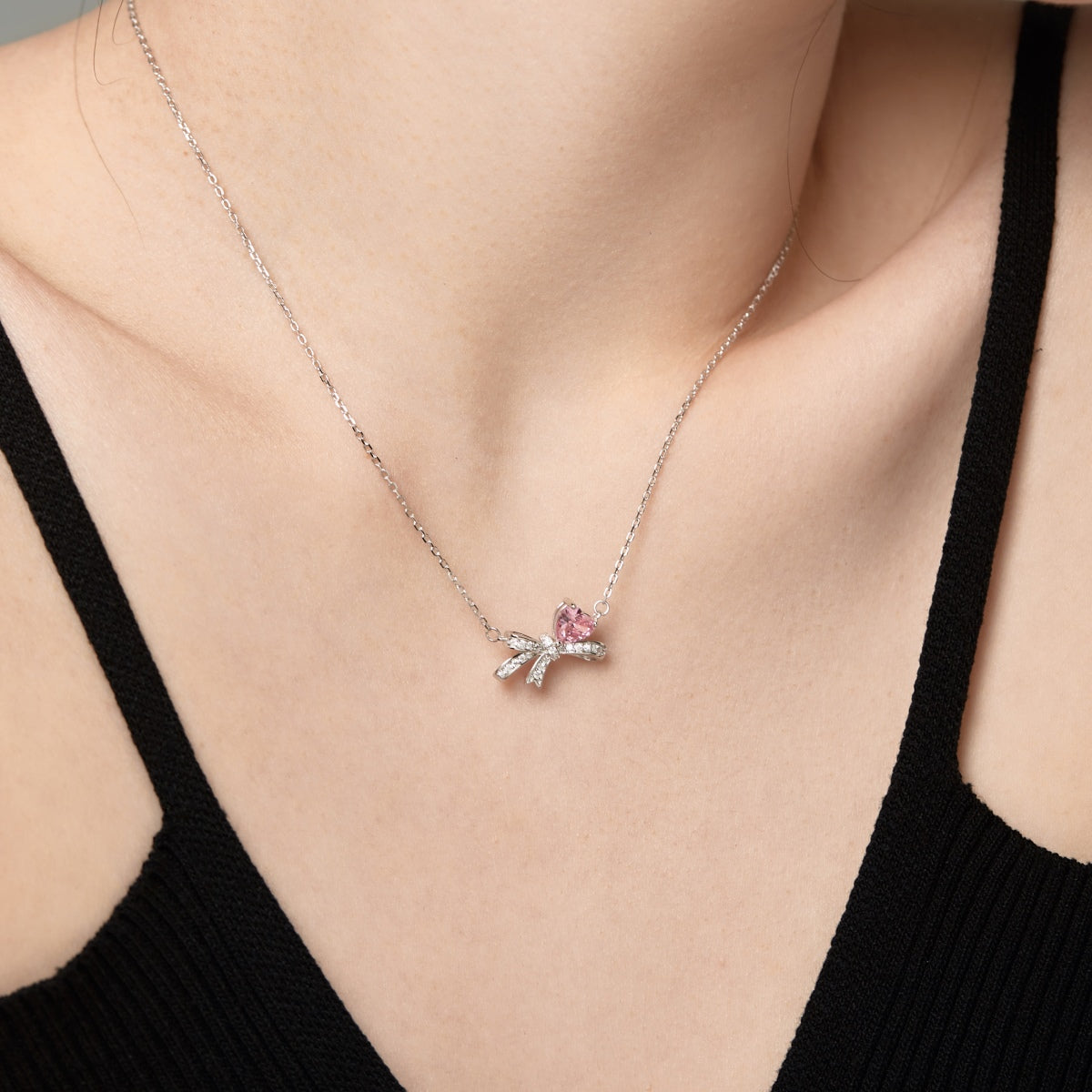 Pink Silver Bow Necklace 3007