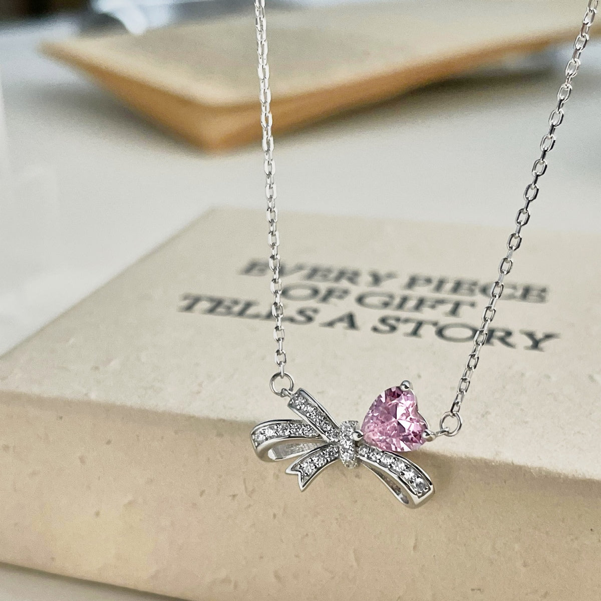 Pink Silver Bow Necklace 3007