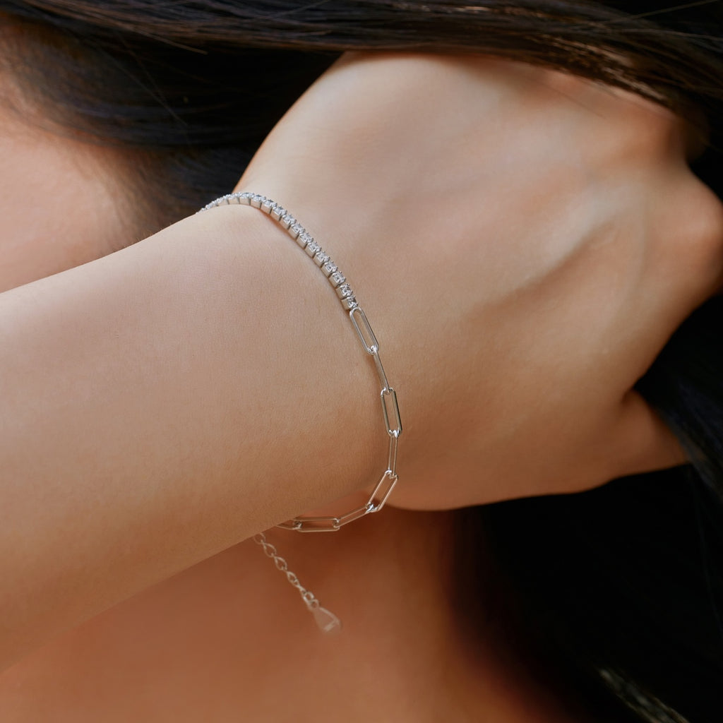 Duo Style Tennis & Paperclip Bracelet - 925 Silver