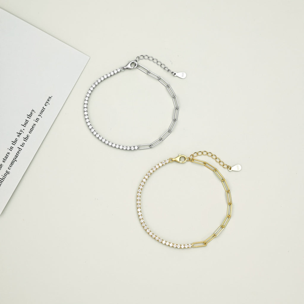 Duo Style Tennis & Paperclip Bracelet - 925 Silver
