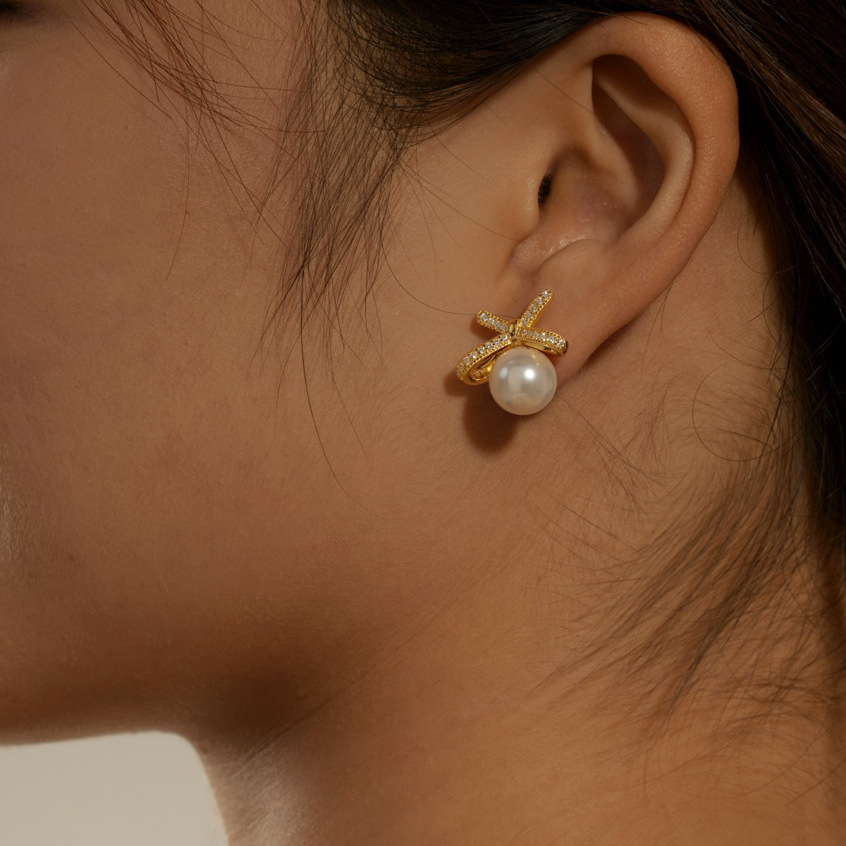 Gold Pearl Bow Earrings 3006