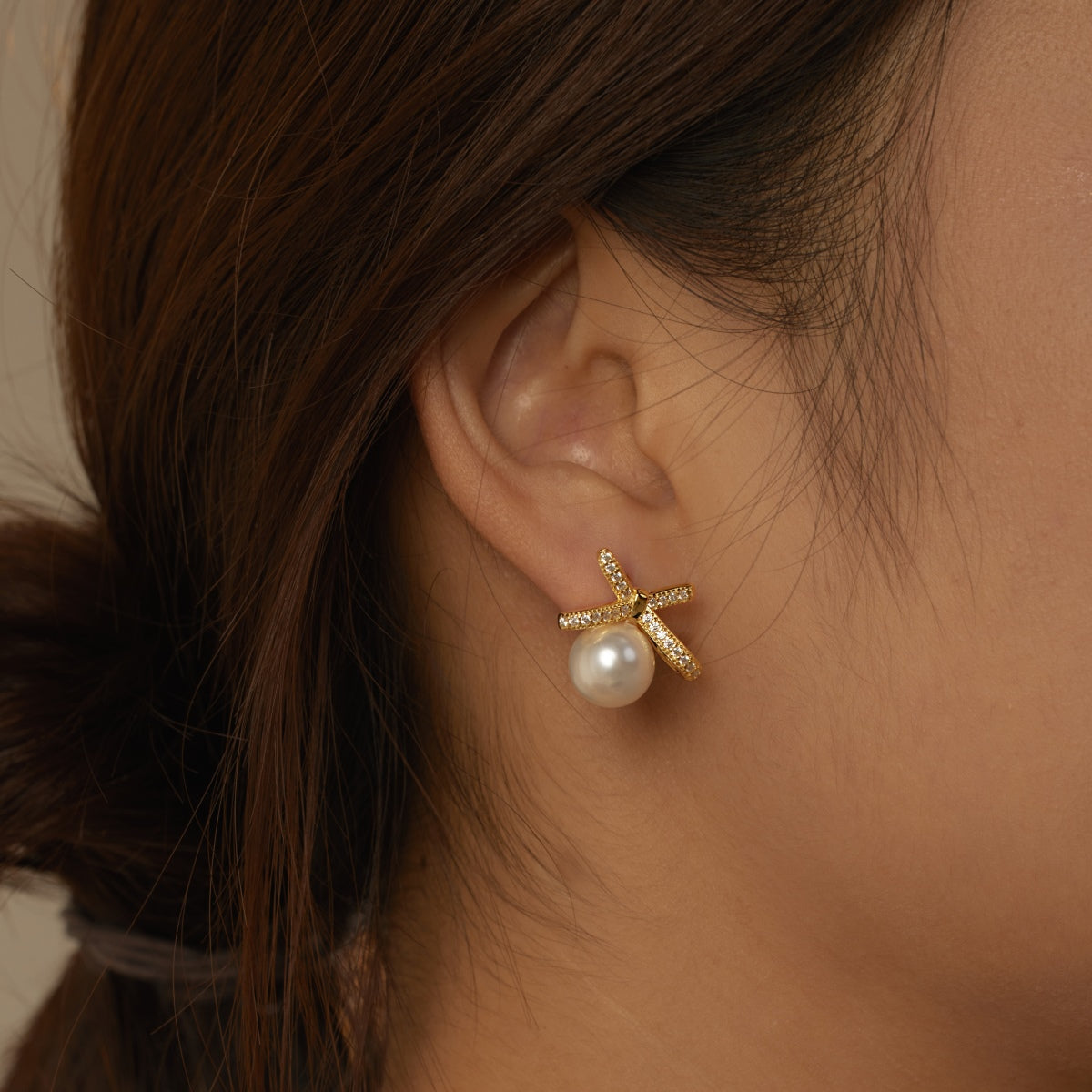 Gold Pearl Bow Earrings 3006