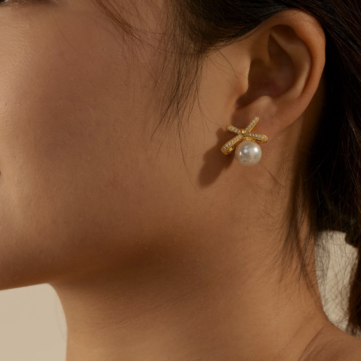 Gold Pearl Bow Earrings 3006