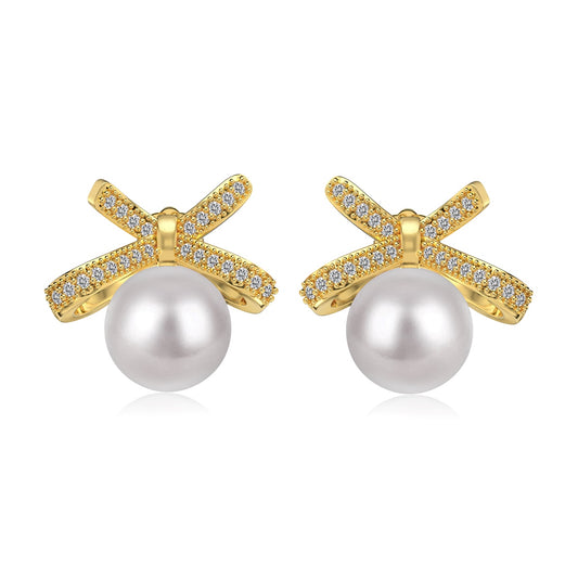 Gold Pearl Bow Earrings 3006