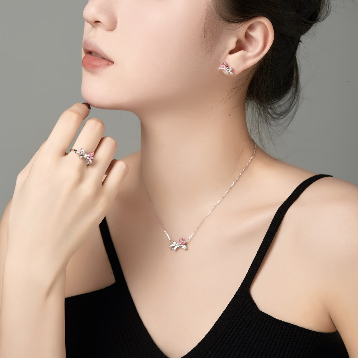 Pink Silver Bow Necklace 3007