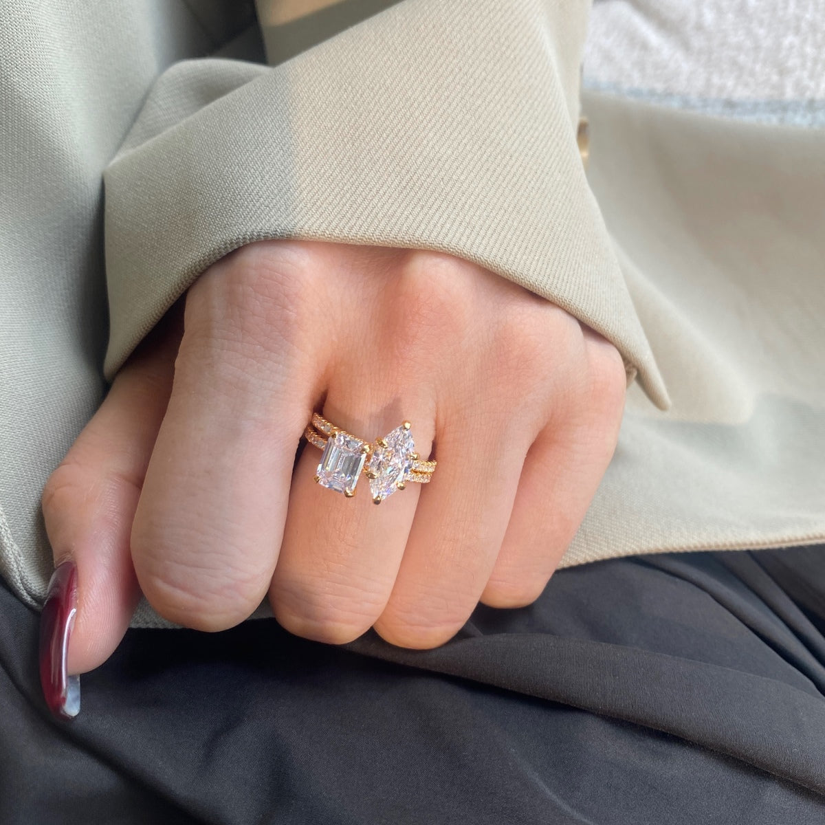 Selena Inspired Marquise Moissanite Ring – 925 Silver Champagne Gold Plated